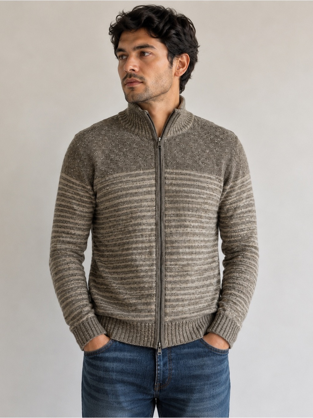 100% Baby Alpaca Zip Front Sweater Cardigan Gray Beige Striped Size S Peru Farm